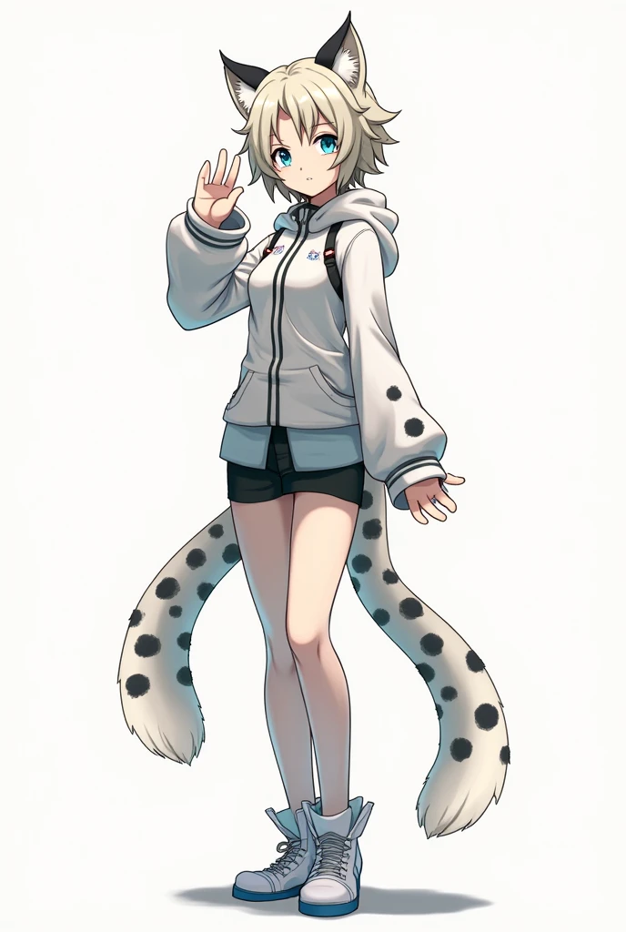 A boku no hero academy style character Girl with , Short, ash-blond, layered hair Slim build With a snow leopard tail and ears