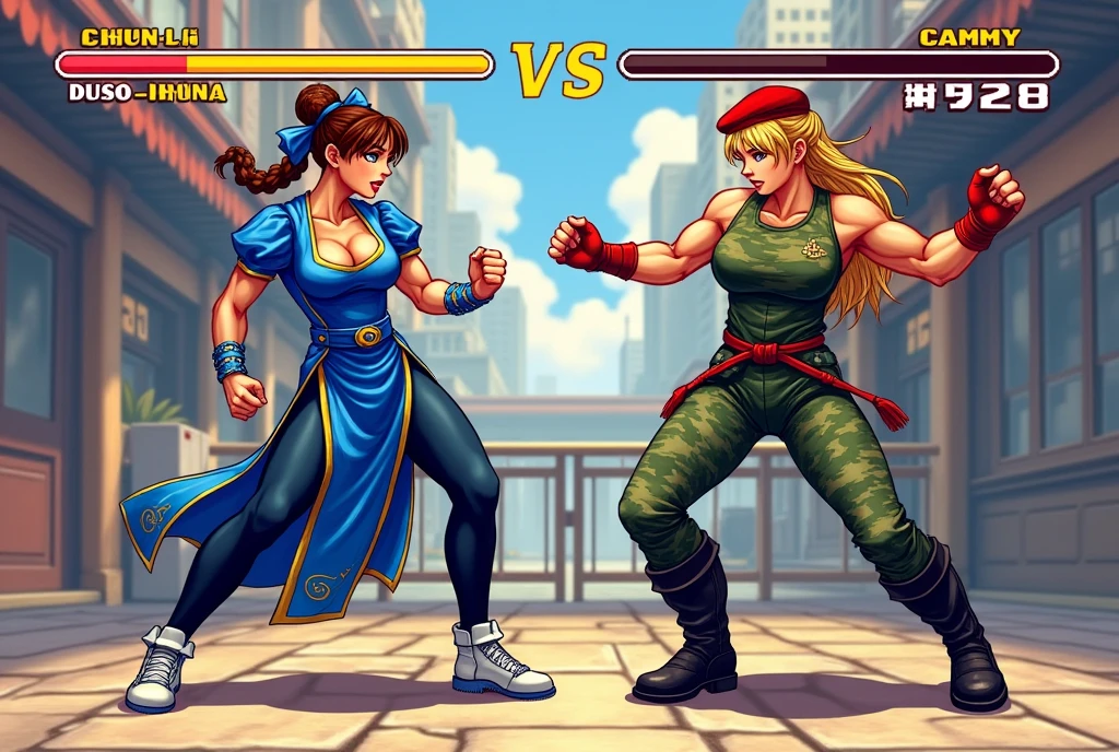 Retro video game, Pixel art, two beautiful women, Chun-Li vs Cammy, Both of fight, (Chun-Li:1.2,brown hair,Bun Hair on both sides of the head,Bun cover,lipstick,makeup,She is wearing a blue china dress,gold trim,Blue cheongsam with side slits,puffy sleeves,short sleeves,side slit,cross-laced footwear,pantyhose,pelvic curtain,spiked bracelet,white footwear). 
(Cammy White:1.2,light skin,blue eyes,and long blonde hair styled in two braids,ahoge,She is wearing a red Beret,green leotard,camouflage,red fingerless gloves,black combat boots). 
BREAK, fighting games screen, Stick butt out and throws a punch, The other one throw a kicks, masterpiece, ultra high resolution, best quality, perfect ???????, perfect proportions, Accurate limbs, accurate finger, Digital photograph, Ultra-high quality 