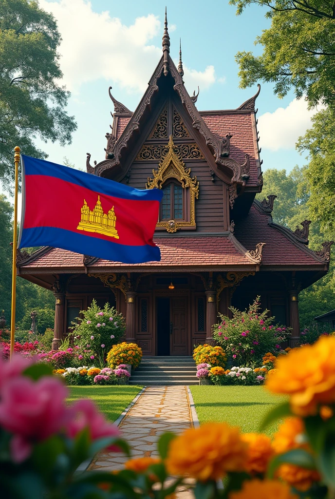 Khmer house with beautiful flowers around the house and with big Cambodia flag in front 