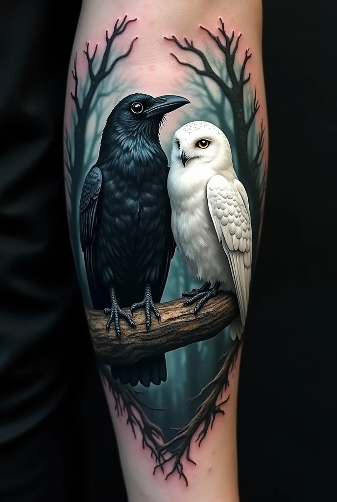 Create a forearm tattoo image of a crow and a white owl sitting on a branch in a dark forest