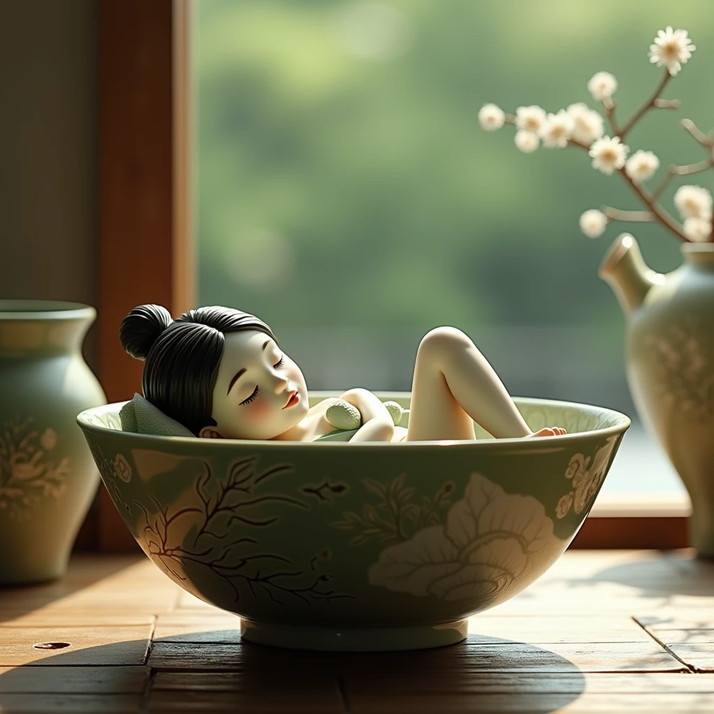 Ceramic girl in bikini lying on ceramic matcha tea bowl, detailed ceramic texture, intricate details, beautifully detailed eyes, beautifully detailed lips, highly detailed face and features, porcelain-like skin, serene facial expression, traditional Japanese house, tea room, natural lighting, cinematic composition, vibrant colors, high quality, 8k, hyper-realistic, photorealistic, masterpiece, studio lighting, ultra-fine details