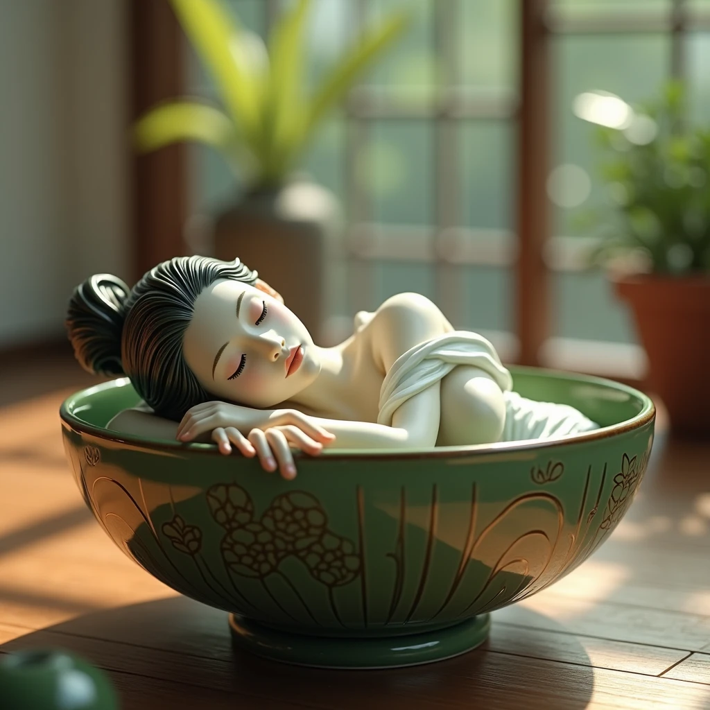 Ceramic girl in bikini lying on ceramic matcha tea bowl, detailed ceramic texture, intricate details, beautifully detailed eyes, beautifully detailed lips, highly detailed face and features, porcelain-like skin, serene facial expression, traditional Japanese house, tea room, natural lighting, cinematic composition, vibrant colors, high quality, 8k, hyper-realistic, photorealistic, masterpiece, studio lighting, ultra-fine details