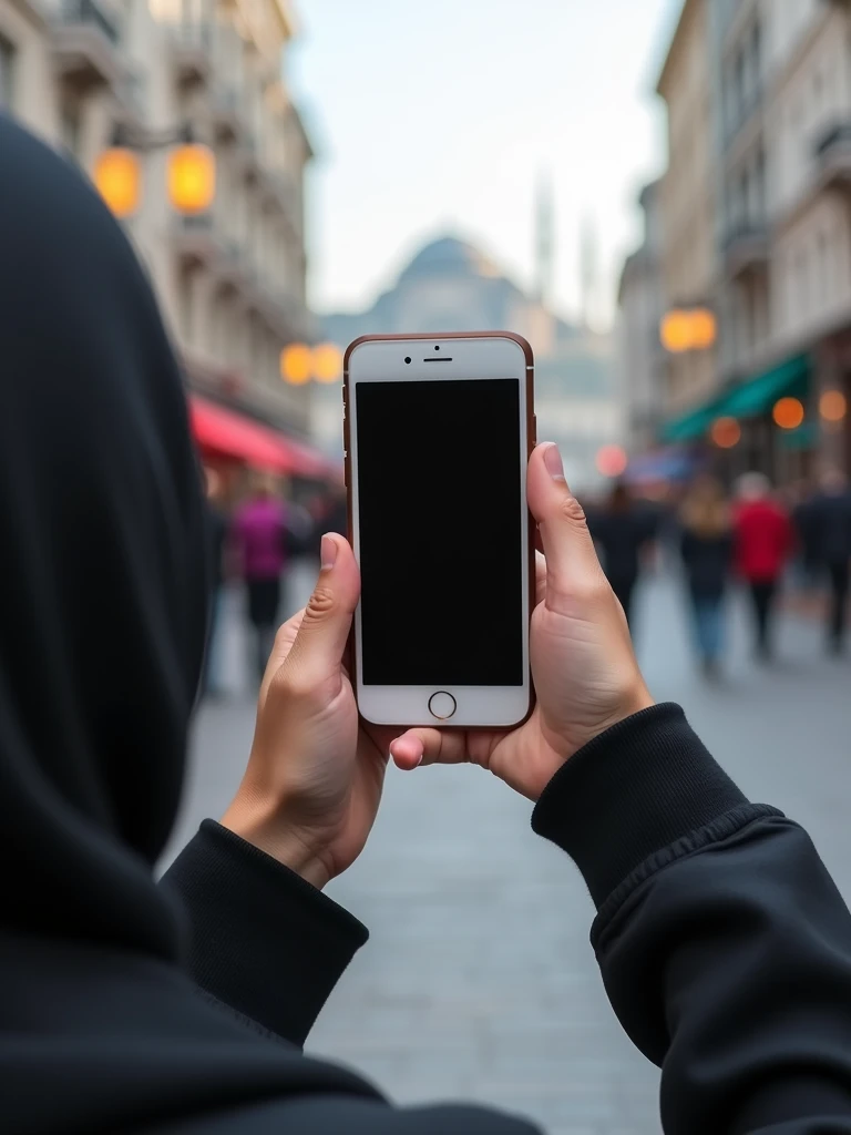 a hijabi girl taking his hands photo while she have phone on his hand in istanbul famuse plases like bridge, masqueor streat. Show only her hand and phone. Phone while screan is sholud be off or black only. Realistik 4k.