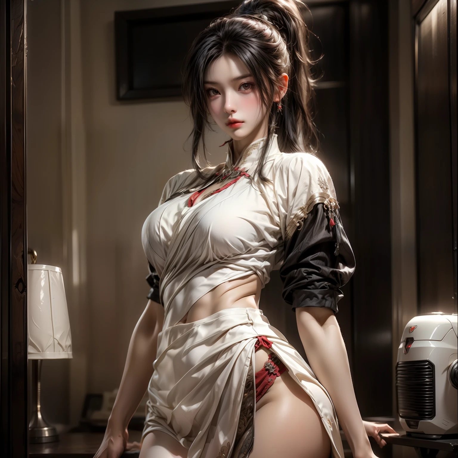 (best quality)), ((Masterpiece)), (details:1.4), 3d, HDR (high dynamic range), an image of a beautiful cyberpunk female, fantasy, medieval, Cyberpunk, Sleek style, Black hair, High ponytail, Beautiful White eyes, จมูกโด่ง, ปากแดง, หน้าอกใหญ่, nvidia RTX, PBR surface, After processing, Anisotropic filtration,depth of field, Maximum clarity and clarity, multi-layered surface, Subsurface scattering, perfect proportions, 8K raw files, ultra detailed, Perfect proportions, volumetric lighting, soft lighting, Holy Paldin, Heavy Golden Armor, White dress, intricate Silver embroidery, glossy skin, Bed room Background, jewely, ต่างหู, mini white skirt, armor grove