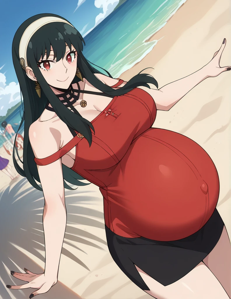 score_9, score_8_up, score_7_up, source_anime,
yorbriar, yor briar, black hair, red eyes, earrings, white hairband, hairband, long hair, sidelocks, Big breasts,
bare shoulders, dress, mini skirt, thighs,
Beach, smile, Black toenails, Black nails,
looking at viewer, dutch angle, cowboy shot, pregnant, huge belly, large belly