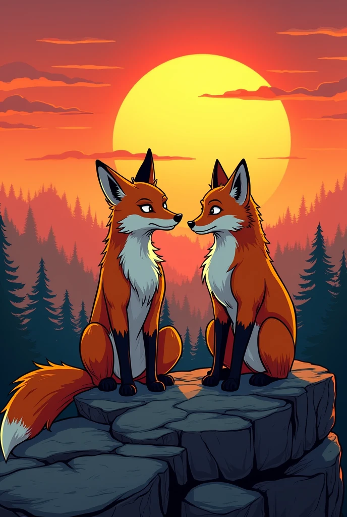 A sly fox smiling with a mischievous look in the middle of the sunset, next to this fox there is a tame wolf with orange fur talking to the fox, in the background of the image you can see the sun around them, they are on top of a rock and there are distant forests in the picture, comic book style.
