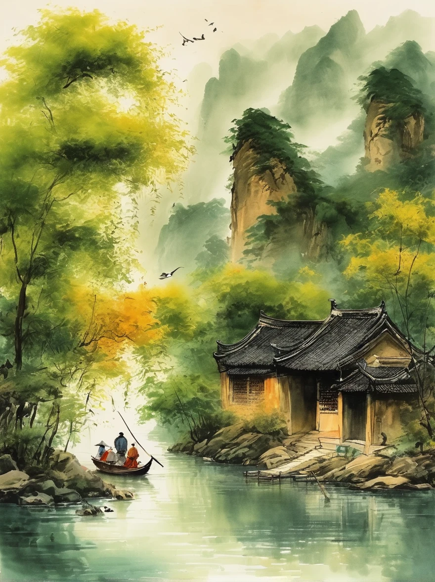 Qiman.and, A river,There is a boat in the water,There is an island on the mountain, Ink Painting, Chinese,