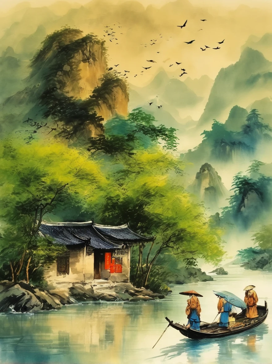 Qiman.and, A river,There is a boat in the water,There is an island on the mountain, Ink Painting, Chinese,