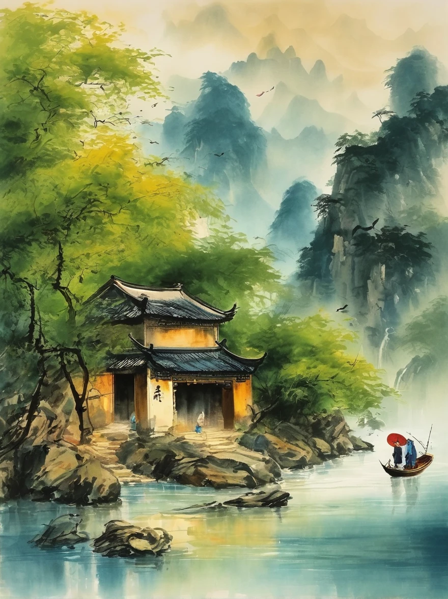 Qiman.and, A river,There is a boat in the water,There is an island on the mountain, Ink Painting, Chinese,