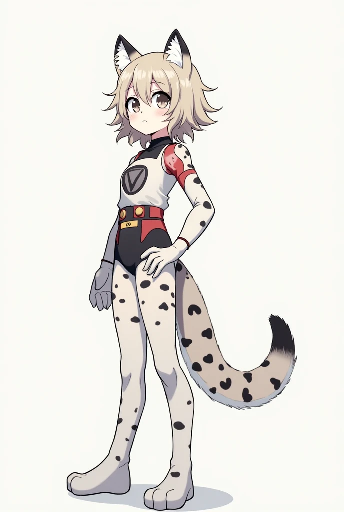 A boku no hero academy style character Girl with , Short, ash-blond, layered hair Slim build With a snow leopard tail and ears