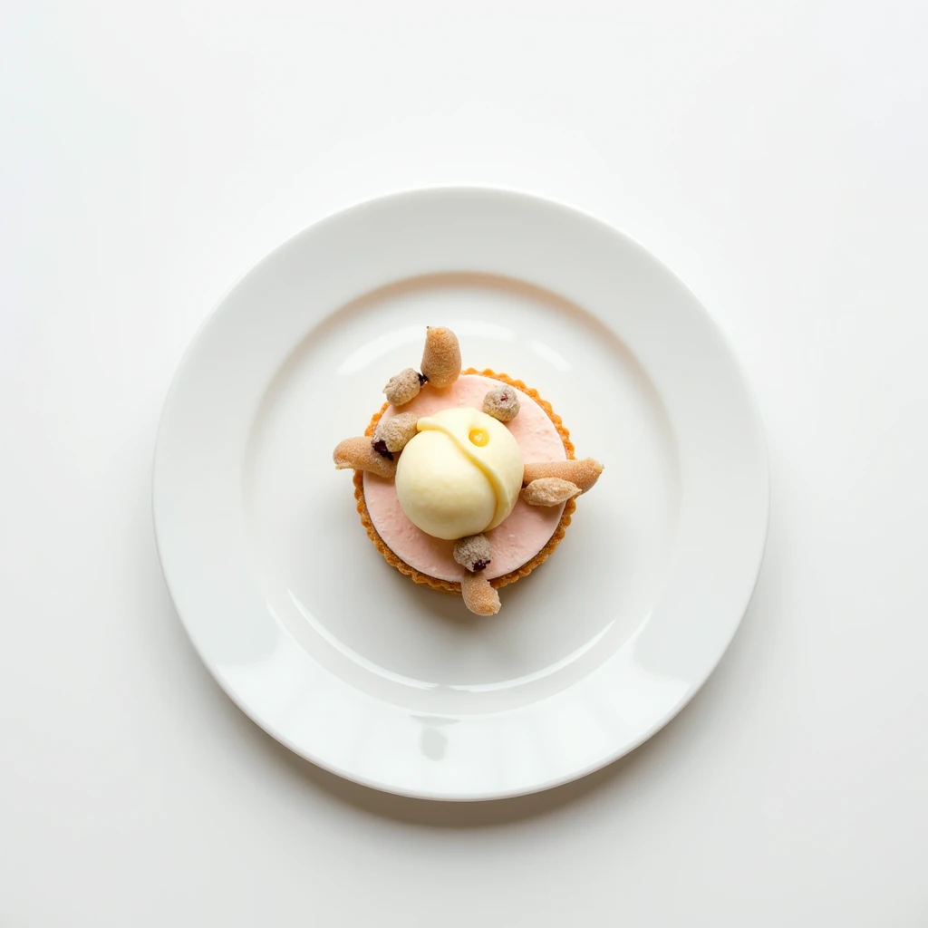 "A top-down shot focusing on a plain white plate set on a plain white table. The plate holds a beautifully arranged dessert, with the simplicity of the setting highlighting the elegance of the presentation."