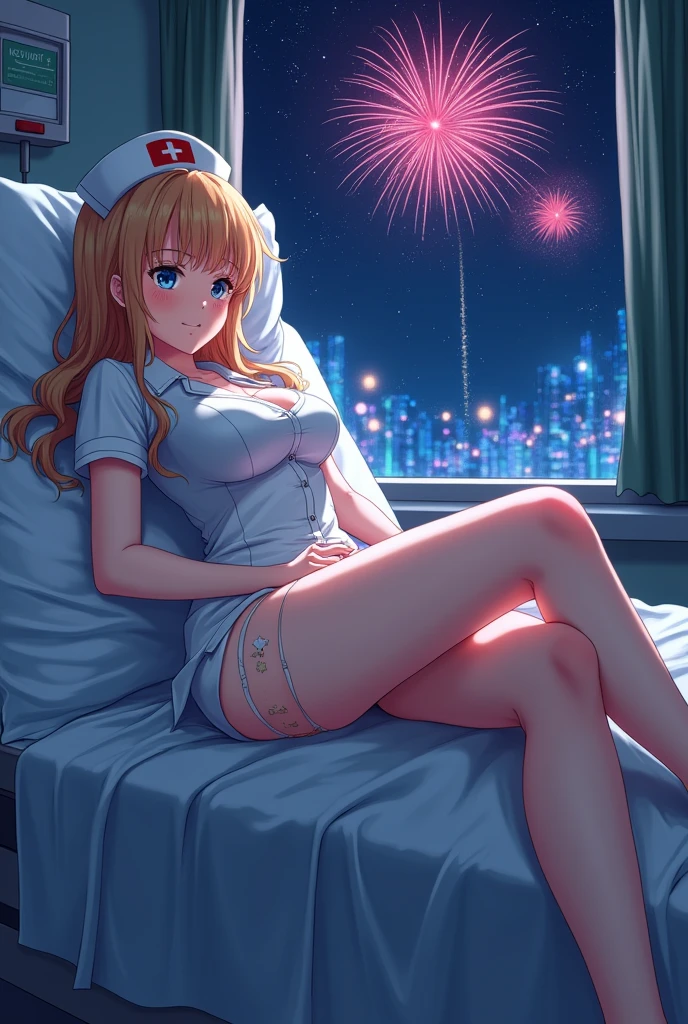 masterpiece, best quality, ultra-detailed, sexy, ero, anime style, full body, look up from below, hospital, on the bed, night, fireworks, Saber, Fate, nurse00, beautiful eyes, buttocks, slim, slender, bandage, ashamed, blush, sparkling effect