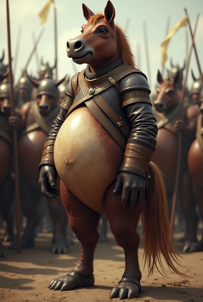 A horse-beast soldier in early modern European military uniform, with human arms、The feet are horse-hoof shaped。
The belly is bulging, the color is brown, and the background is hundreds of horse-beast soldiers standing in the same way.々A funny face