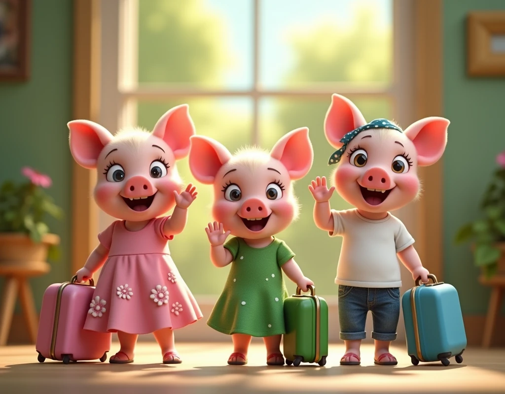pixar style, 3d, 3 cute happy piglets wearing dresses are leaving the home with suitcases waving goodbye, one piglet on the left is wearing pink dress with white flowers holding a pink suitcase, second piglet in the centre is wearing green dress with white polka dots is holding a green suitcase, one piglet on the right is wearing white t-shirt blue jeans and a blue bandana is holding a blue suitcase, game button art, Game illustration, lovely digital painting, artstation for kids art, Official artwork, key art, mobile game art, cover game art, zootopia concept art, (soft lighting:1.3), (green and earthy color scheme:1.3), (highly detailed), (ultra quality:1.3), (masterpiece), (digital art), 8K resolution, HDR, depth of field, (soft shadows), (photorealistic:1.3), (animation:1.2), (by Greg Rutkowski:0.9), (in the style of Alphonse Mucha), trending on ArtStation, award-winning art, 3d style

