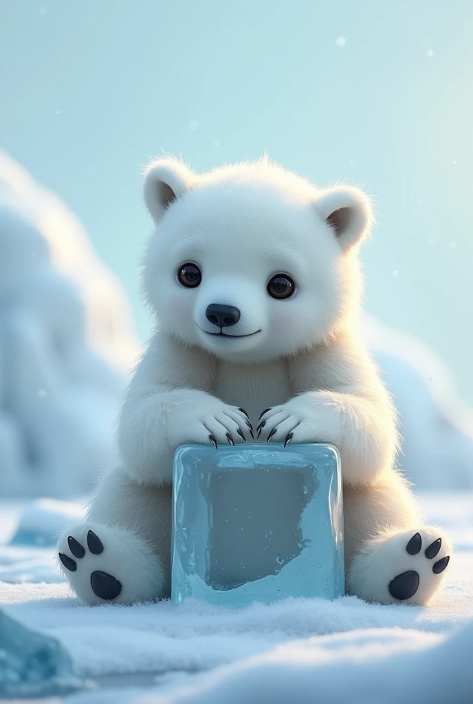 White bear, Beautiful fair skin, white fur, The body is white, Long, dense hair, At the North Pole, ultra realistic, realism, cute, charming, Daytime, Clean body, Medium height, Big eyes,Until fluffy, Ambient lighting, perfect anatomy, body and face in detail, Sitting hugging a clear ice cube,Sitting alone,Big eyesๆ,Looking ahead