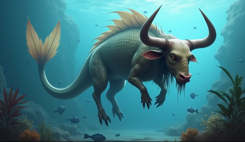 There is a fish underwater with a bull's head and a snake's tail,Wings growing from the ribs(best quality,4K,8k,High level,masterpiece:1.2),Ultra Detailed,(lifelike,Photo real,Photo real:1.37)