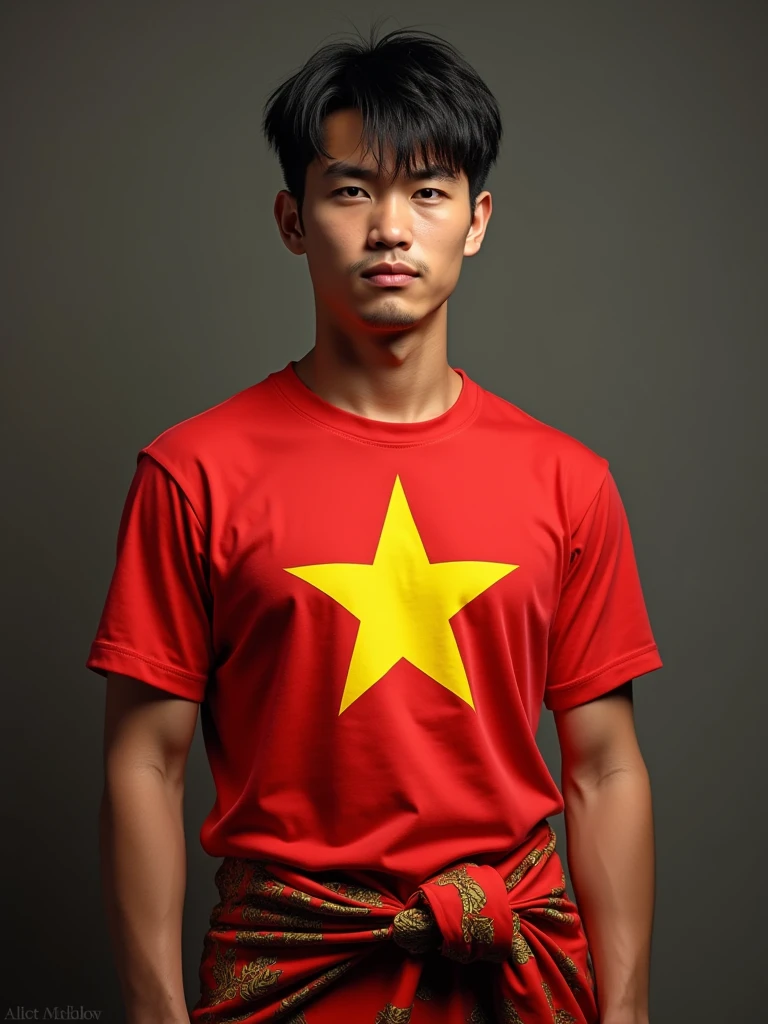 A young man wearing a Vietnamese flag outfit. He wears a red T-shirt with a prominent five-pointed yellow star in the middle, the symbol of the Vietnamese flag. His pants can be black or red, to balance the colors of the flag. This outfit shows patriotism and national pride. He can wear accessories such as a hat or a scarf that also has colors or images related to the Vietnamese flag.
