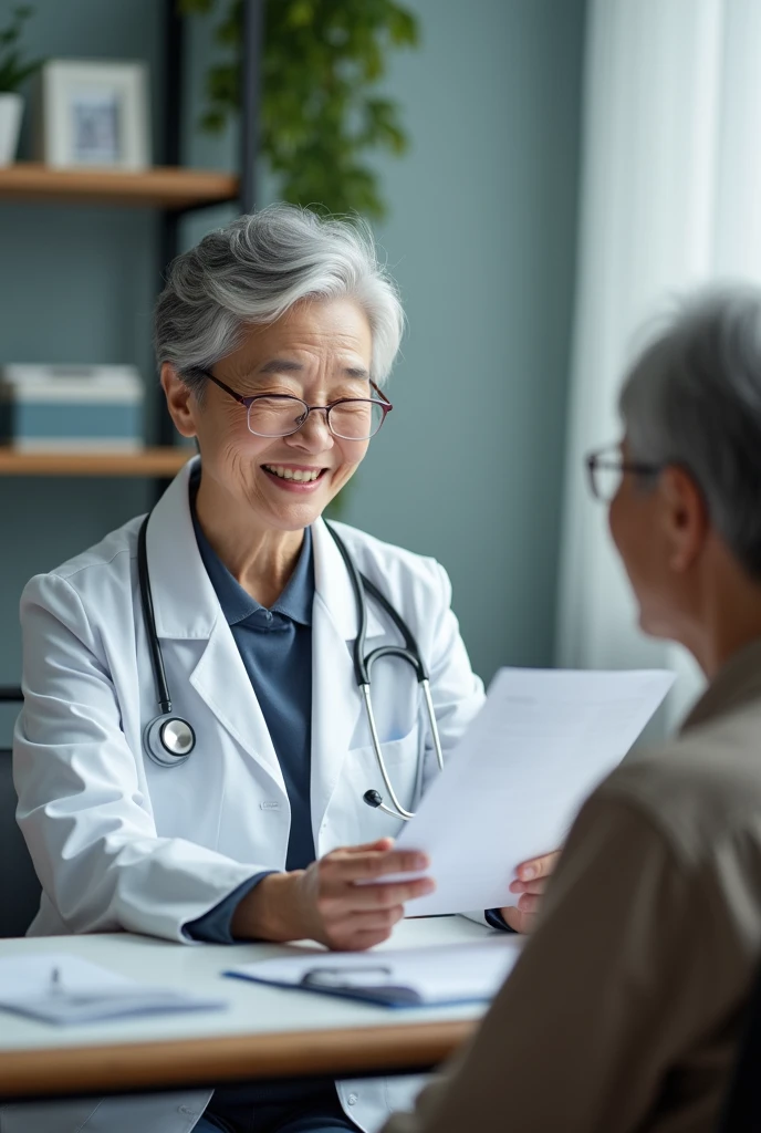 An elderly Chinese female doctor in a clinic with an elderly patient, smiling and holding a health report. Real portrait, real scene