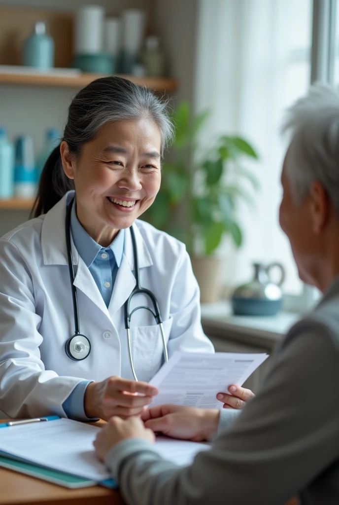 An elderly Chinese female doctor in a clinic with an elderly patient, smiling and holding a health report. Real portrait, real scene