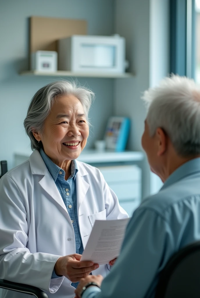 An elderly Chinese female doctor in a clinic with an elderly patient, smiling and holding a health report. Real portrait, real scene