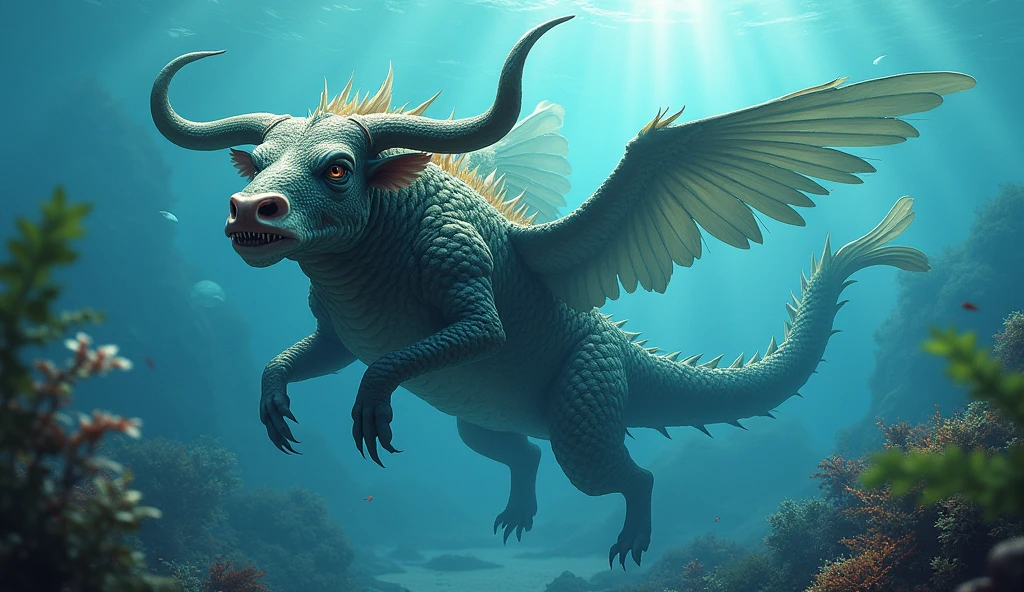 There is a fish underwater with a bull's head and a snake's tail,Wings growing from the ribs(best quality,4K,8k,High level,masterpiece:1.2),Ultra Detailed,(lifelike,Photo real,Photo real:1.37)