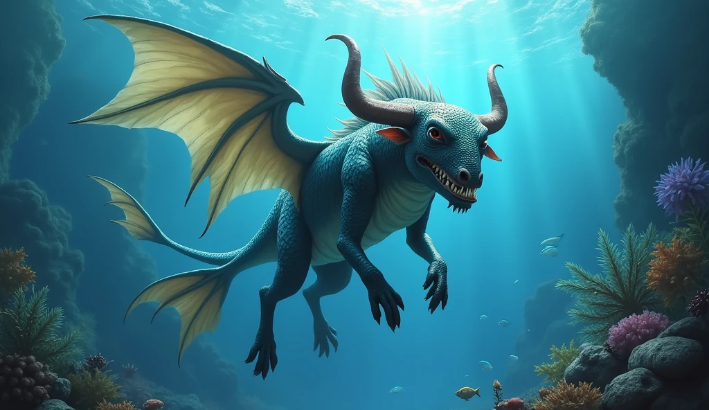 There is a fish underwater with a bull&#39;s head and a snake&#39;s tail，Wings growing from the ribs（best quality，4K，8k，High level，masterpiece：1.2），Ultra Detailed，（lifelike，Photo real，Photo real：1.37）