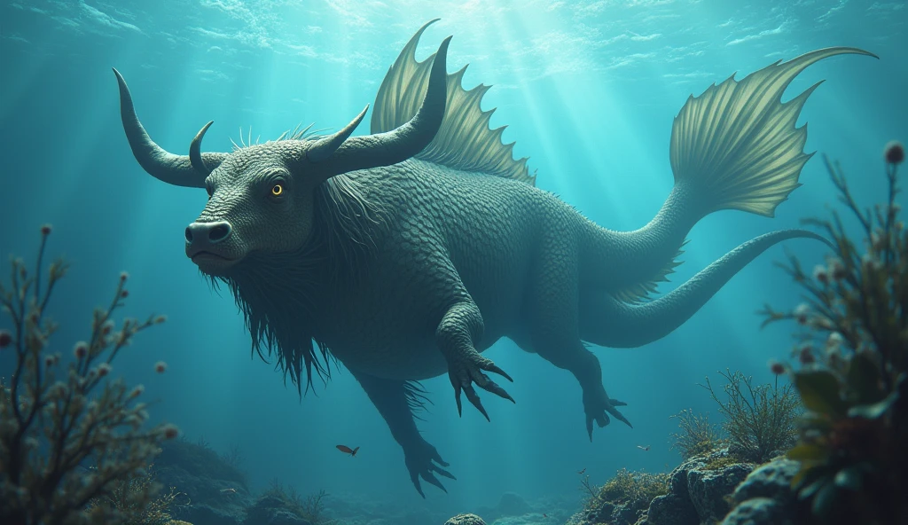 There is a fish underwater with a bull's head and a snake's tail,Wings growing from the ribs(best quality,4K,8k,High level,masterpiece:1.2),Ultra Detailed,(lifelike,Photo real,Photo real:1.37)