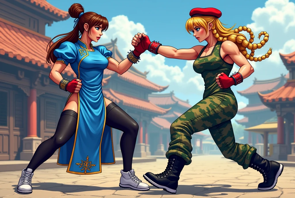 Retro video game, Pixel art, two beautiful women, Chun-Li vs Cammy, Both of fight, (Chun-Li:1.2,brown hair,Bun Hair on both sides of the head,Bun cover,lipstick,makeup,She is wearing a blue china dress,gold trim,Blue cheongsam with side slits,puffy sleeves,short sleeves,side slit,cross-laced footwear,pantyhose,pelvic curtain,spiked bracelet,white footwear).
(Cammy White:1.2,light skin,blue eyes,and long blonde hair styled in two braids,ahoge,She is wearing a red Beret,green leotard,camouflage,red fingerless gloves,black combat boots).
BREAK, fighting games screen, Stick butt out and throws a punch, The other one throw a kicks, masterpiece, ultra high resolution, best quality, perfect anatomy, perfect proportions, Accurate limbs, accurate finger, Digital photograph, Ultra-high quality