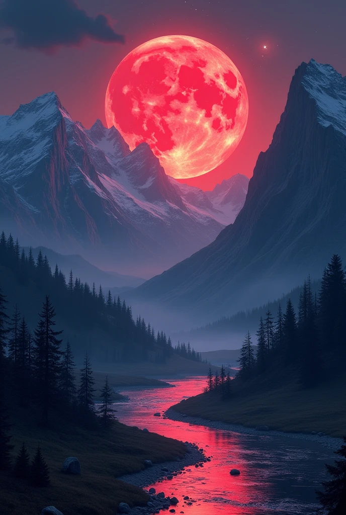 Need a night view in a mountain valley and with red moon