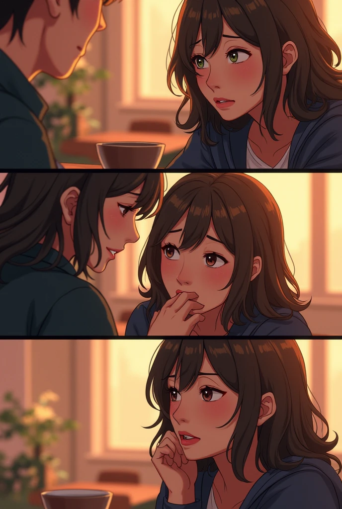 Square image
Panel 1
Scene: A cozy café setting with soft lighting.
Characters: Two friends sitting at a table, one with a book and the other looking out the window.
Dialogue:
Friend 1: "You seem lost in thought today."
Friend 2: "Just thinking about... everything."
Panel 2
Focus: Close-up of Friend 2, a slight smile but eyes filled with emotion.
Thought Bubble: "Why is it so hard to say what I really feel?"
Panel 3
Scene: Friend 1 reaches out to touch Friend 2’s hand gently.
Dialogue:
Friend 1: "You know you can tell me anything, right?"
Friend 2: (blushing) "Yeah, I know..."
Panel 4
Focus: Friend 2 looks down, biting their lip, deep in thought.
Thought Bubble: "Maybe today is the day..."