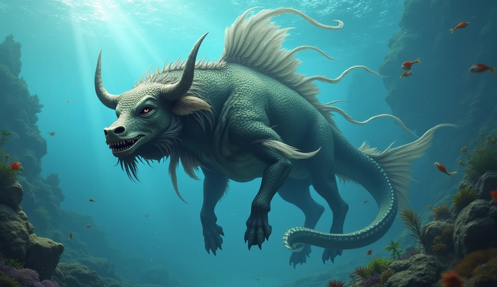 There is a fish underwater with a bull&#39;s head and a snake&#39;s tail，Wings growing from the ribs（best quality，4K，8k，High level，masterpiece：1.2），Ultra Detailed，（lifelike，Photo real，Photo real：1.37）