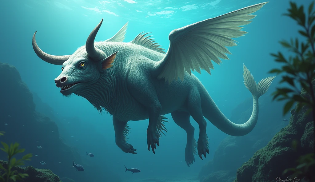 There is a fish underwater with a bull's head and a snake's tail,Wings growing from the ribs(best quality,4K,8k,High level,masterpiece:1.2),Ultra Detailed,(lifelike,Photo real,Photo real:1.37)