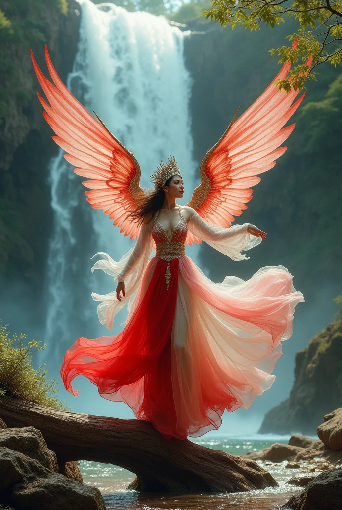 Photoshot of a beautiful woman wearing a red and white dress wearing a mah kota and wearing wings and holding a long cloth. Dancing on a fallen tree under a very beautiful waterfall and lots of long cloths flying