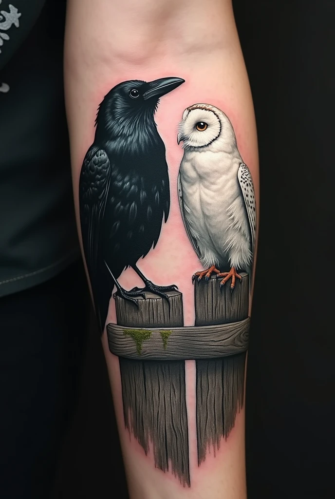 Create a tattoo image on your forearm where there is a crow and a white owl sitting on an old wooden fence