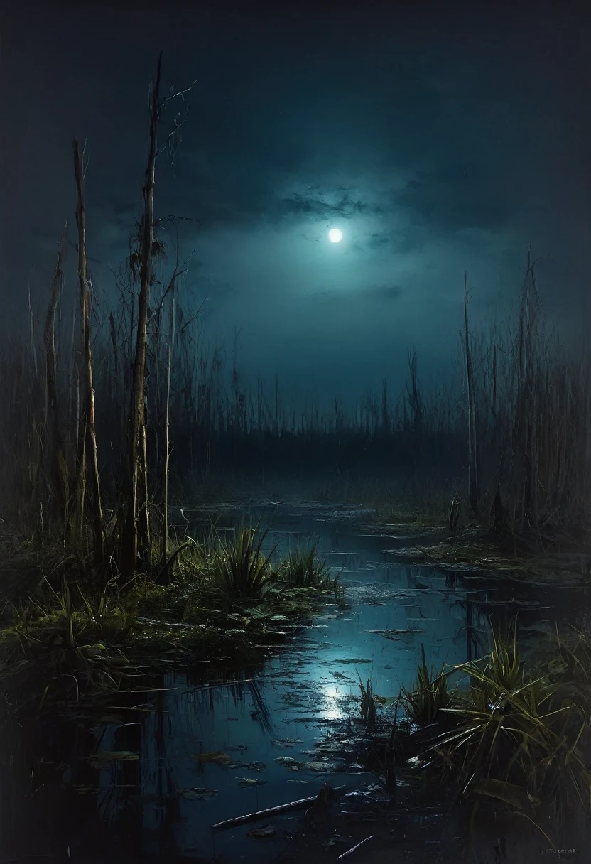 painting of a swamp at night, dark atmosphere, cinematic scene, volumetric lights, ultra realistic, in the style of nicola samori