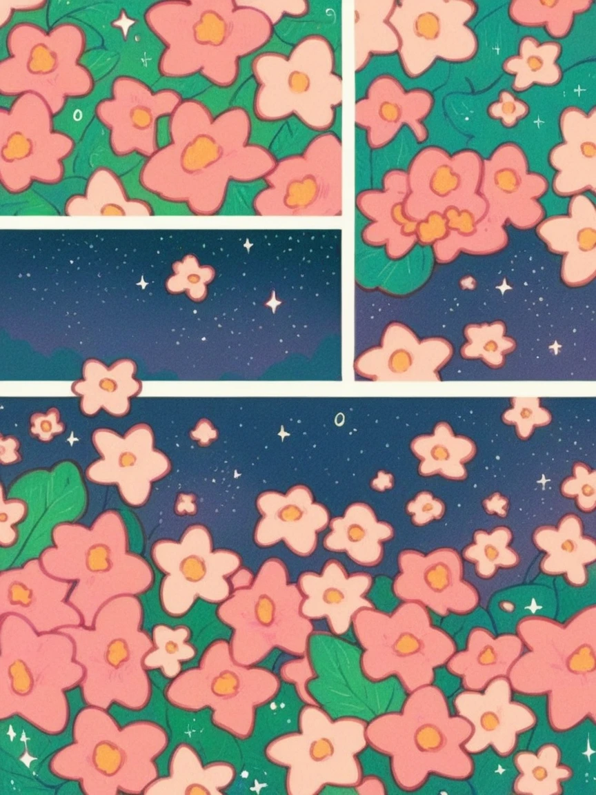 score_9, score_8_up, score_7_up, score_6_up, p4n3ls, 1girl, stars, flowers, panels