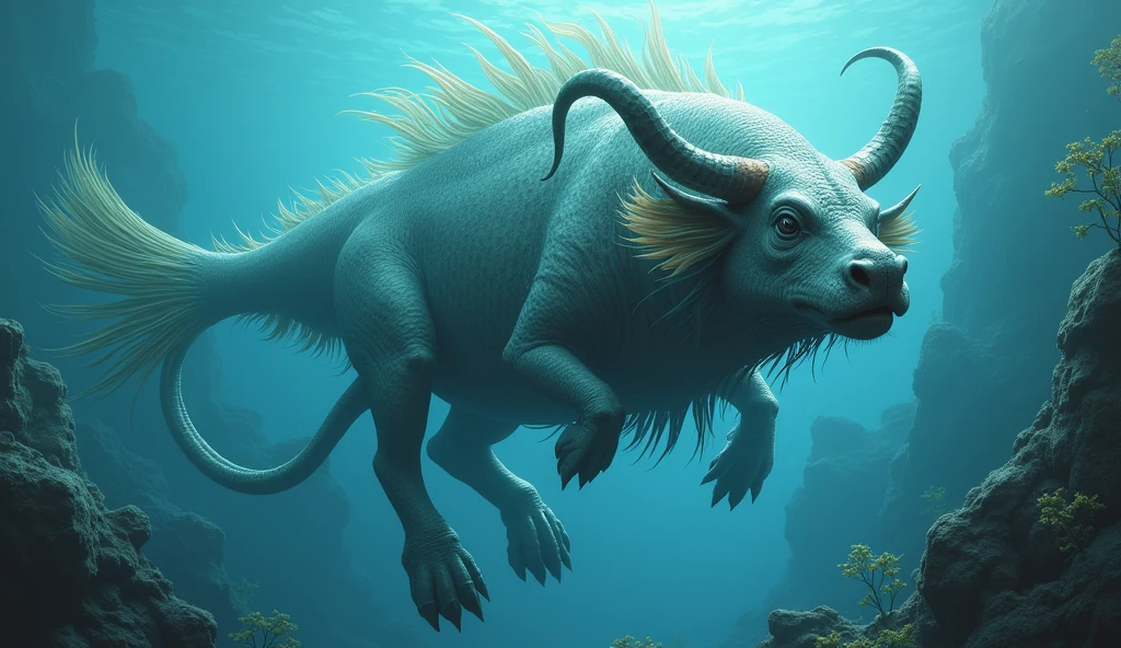 There is a fish underwater with a bull's head and a snake's tail,Wings growing from the ribs(best quality,4K,8k,High level,masterpiece:1.2),Ultra Detailed,(lifelike,Photo real,Photo real:1.37)