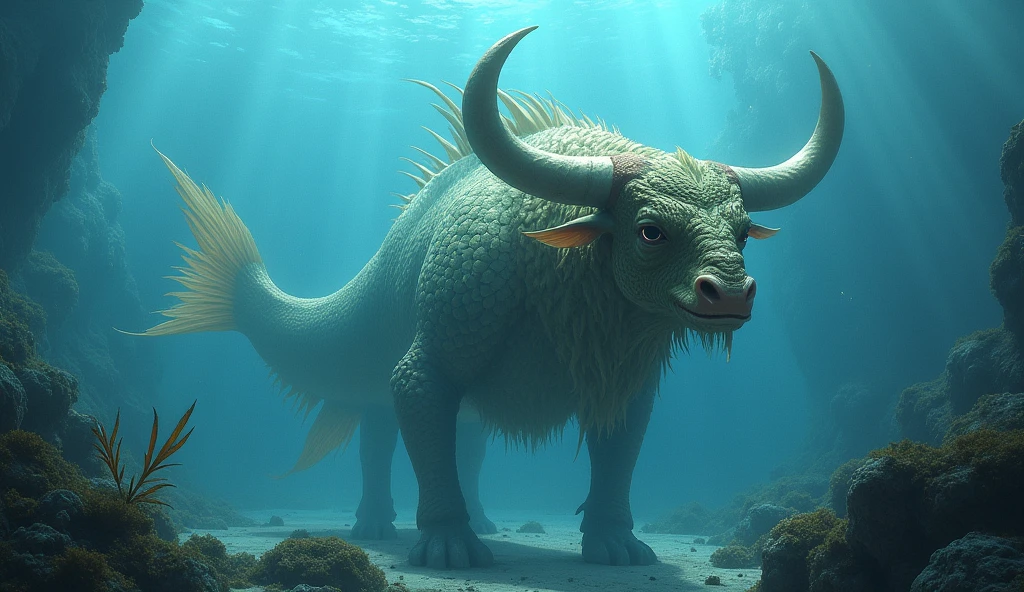 There is a fish underwater with a bull's head and a snake's tail,Wings growing from the ribs(best quality,4K,8k,High level,masterpiece:1.2),Ultra Detailed,(lifelike,Photo real,Photo real:1.37)