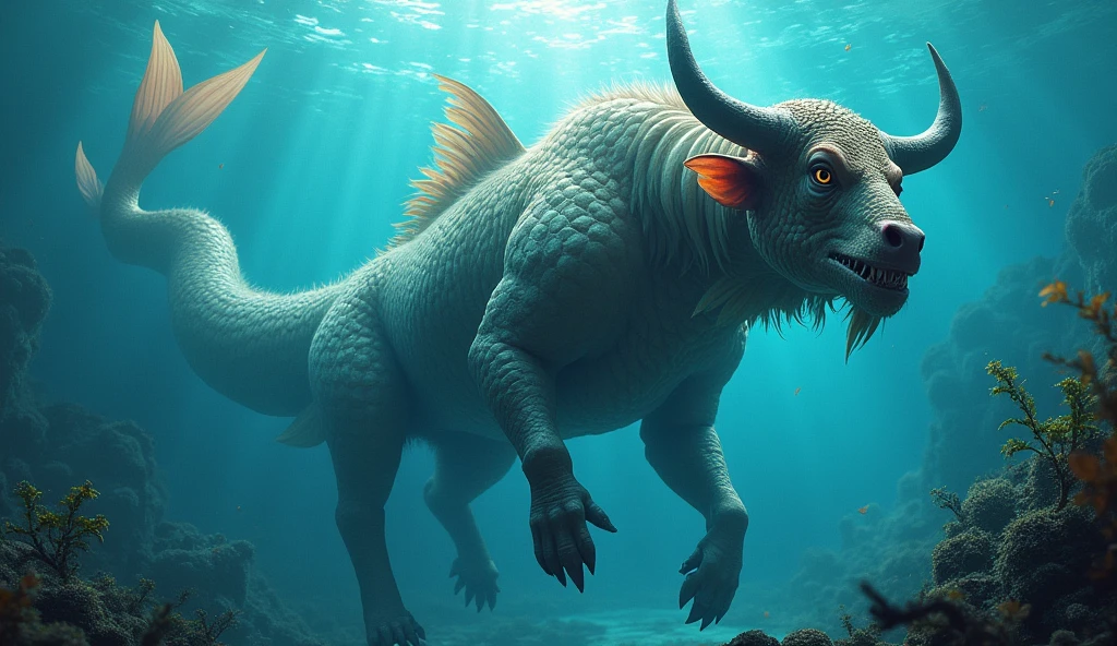 There is a fish underwater with a bull's head and a snake's tail,Wings growing from the ribs(best quality,4K,8k,High level,masterpiece:1.2),Ultra Detailed,(lifelike,Photo real,Photo real:1.37)