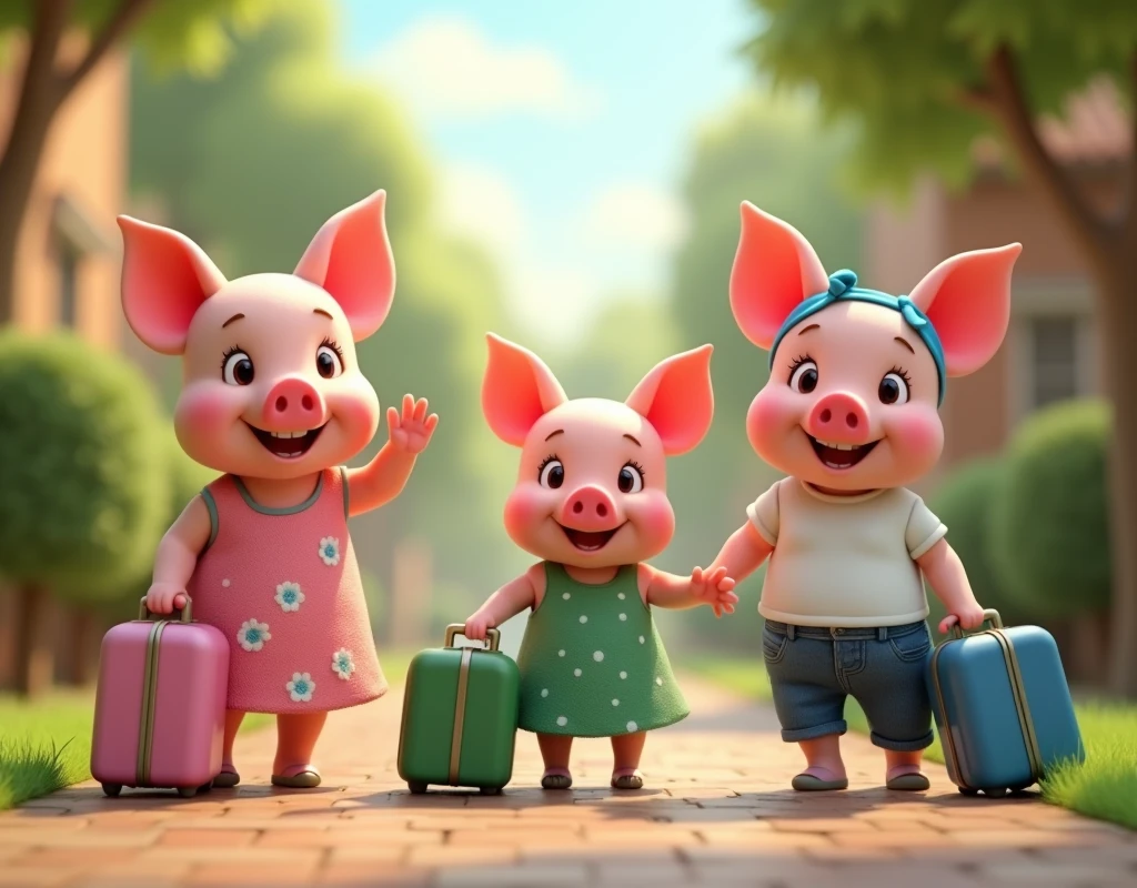 pixar style, 3d, 3 cute happy piglets wearing dresses are leaving the home with suitcases waving goodbye, one piglet on the left is wearing pink dress with white flowers holding a pink suitcase, second piglet in the centre is wearing green dress with white polka dots is holding a green suitcase, one piglet on the right is wearing white t-shirt blue jeans and a blue bandana is holding a blue suitcase, game button art, Game illustration, lovely digital painting, artstation for kids art, Official artwork, key art, mobile game art, cover game art, zootopia concept art, (soft lighting:1.3), (green and earthy color scheme:1.3), (highly detailed), (ultra quality:1.3), (masterpiece), (digital art), 8K resolution, HDR, depth of field, (soft shadows), (photorealistic:1.3), (animation:1.2), (by Greg Rutkowski:0.9), (in the style of Alphonse Mucha), trending on ArtStation, award-winning art, 3d style
