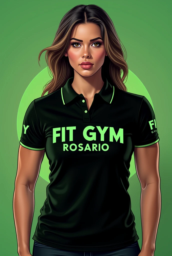 Generate me a log of "FIT GYM ROSARIO" with green and black letters for a black polo shirt for a girl and also