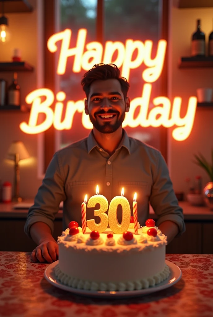 birthday calebreate one man who 30 years old and  with cake and background name happy birthday depak dai