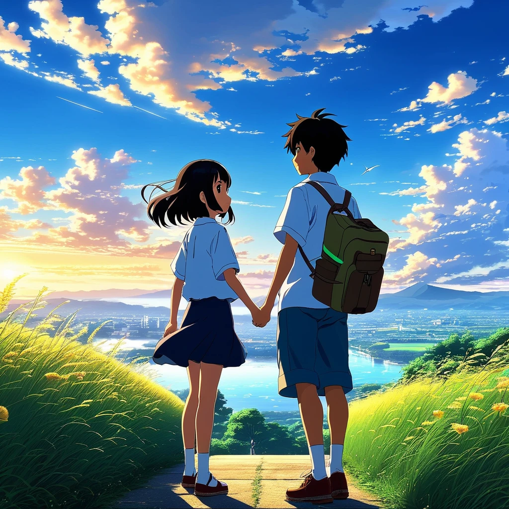 young black haired boy, talks, cute young girl standing, wearing cute clothes,
anime, hd anime, anime scene, makoto shinkai. —h 2160,
anime, makoto shinkai style, makoto shinkai style,
anime movie, neo, makoto shinkai of studio ghibli, background.

nature painting, flying, whimsical fantasy landscape art, magical world. colorful.