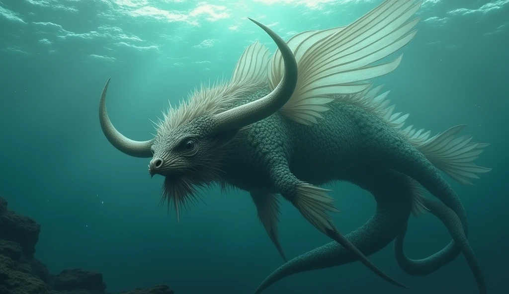 There is a fish underwater,With a bull's head and a snake's tail,Wings growing from the ribs(best quality,4K,8k,High level,masterpiece:1.2),Ultra Detailed,(lifelike,Photo real,Photo real:1.37)