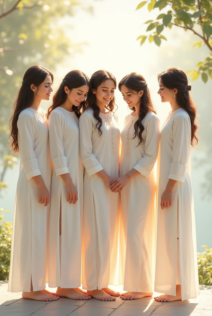 5 girls standing together with white kurtas drawing 