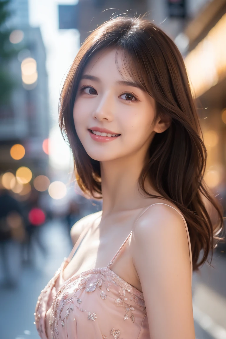 ((best quality, 8K, masterpiece :1.3)), 1 girl, Smile, whole body, Thin face, pretty Woman, (Dark brown hair), Light pink long dress :1.1, Super detailed facial details, Exquisite eyes, Double eyelids, Blurred background, Thin face, City, External, street,