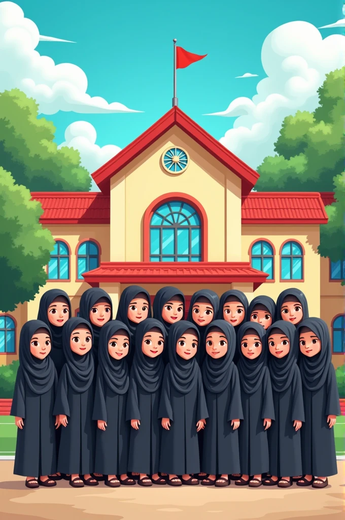 SSC batch boys and girl group photo.
10 girls and 10 boys. They both are animation cartoon.Boys in Bangladeshi school dress. And girls in black burkha.
And written in the sky" X Class Friends S.S.C (Batch 2018)"
With amazing School background.