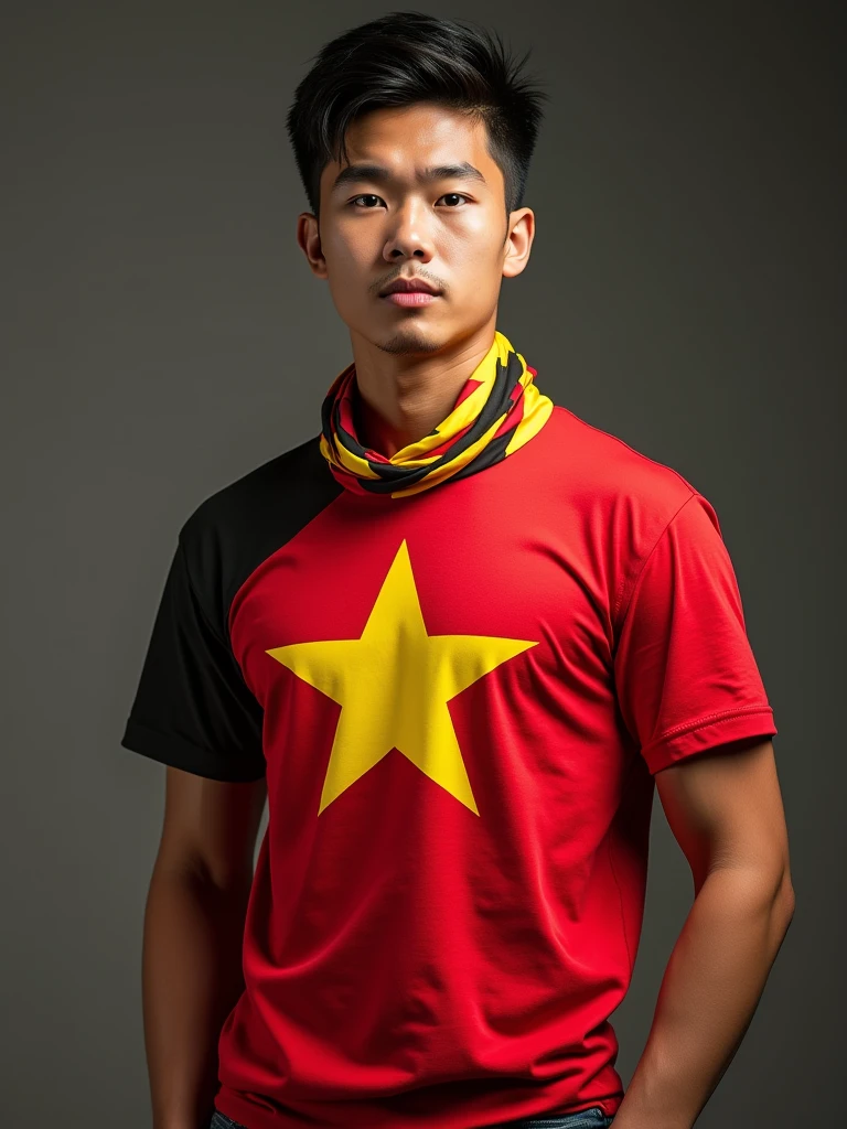 A young man wearing a Vietnamese flag outfit. He wears a red T-shirt with a prominent five-pointed yellow star in the middle, the symbol of the Vietnamese flag. His pants can be black or red, to balance the colors of the flag. This outfit shows patriotism and national pride. He can wear accessories such as a hat or a scarf that also has colors or images related to the Vietnamese flag.
