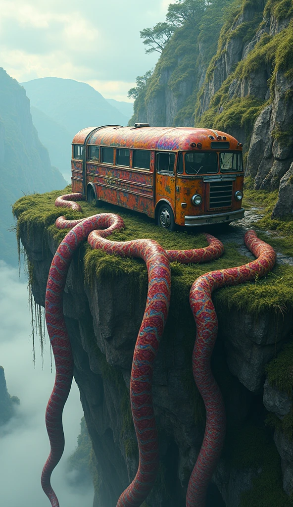 Brightly colored python snakes surround the mossy bus on a high cliff, the snakes are bigger than the cliff. 