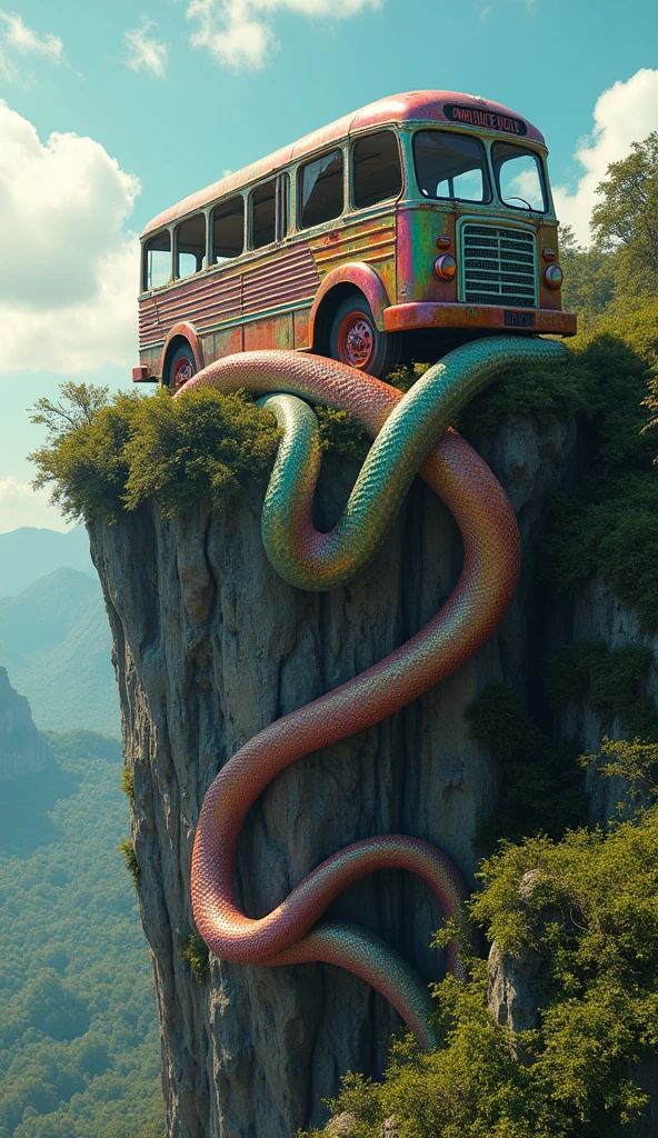 Brightly colored python snakes surround the mossy bus on a high cliff, the snakes are bigger than the cliff. 